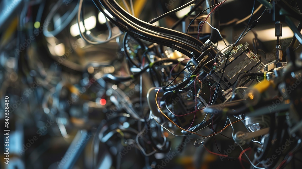 Poster Close-up on robotic wiring in factory, intricate circuits, no people, technical precision, dim backlight 