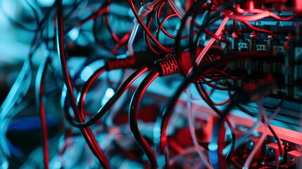 Close-up on robotic wiring in factory, intricate circuits, no people, technical precision, dim backlight