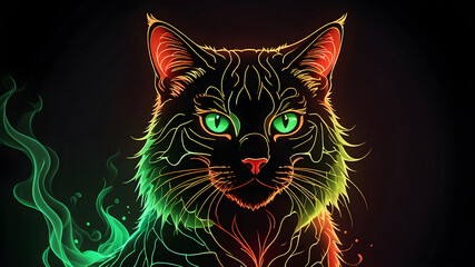 beautiful neon mystical cat with colorful smoke	