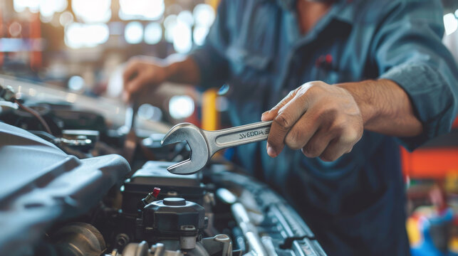 Professional mechanic working on the engine of the car in the garage. Car repair service. The concept of checking the readiness of the car before leaving.