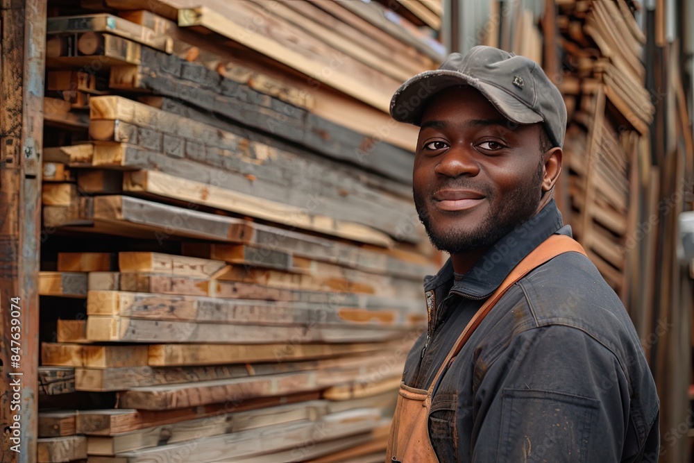 Poster a man wearing a hat and apron stands in front of a pile of wood. he is smiling and he is happy