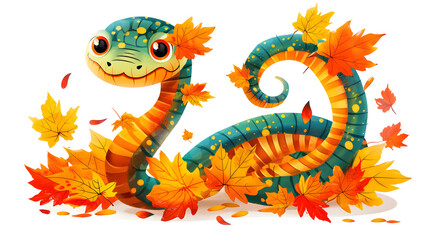 Fototapeta premium image of a cartoon snake with plants corresponding to the flowering months, for a calendar