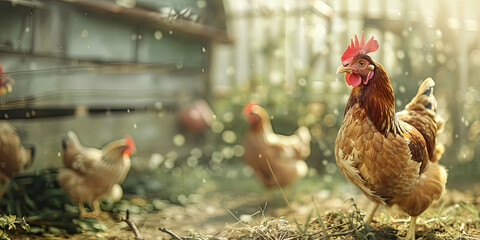 Fototapeta premium range chicken, A hens laying eggs in nesting boxes inside a chicken coop