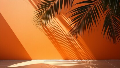 ヤシの葉と影がオレンジ色の壁に映る背景素材