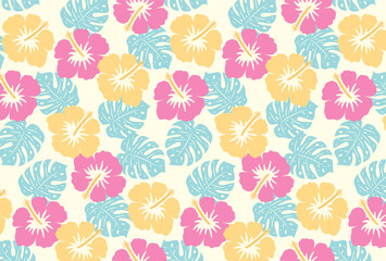 seamless pattern with hibiscus flowers and tropical leaves for banners, cards, flyers, social media wallpapers, etc. © mar_mite_