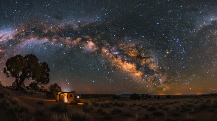 A cozy campsite under a star-studded sky in the wilderness, with the Milky Way clearly visible