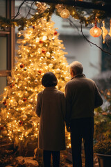 男, 男性, 女, 女性, 高齢者, 後ろ姿, クリスマス, クリスマスツリー, プレゼント, イルミネーション, お祝い, man, woman, elderly, back, Christmas, Christmas tree, gift, illumination, celebration