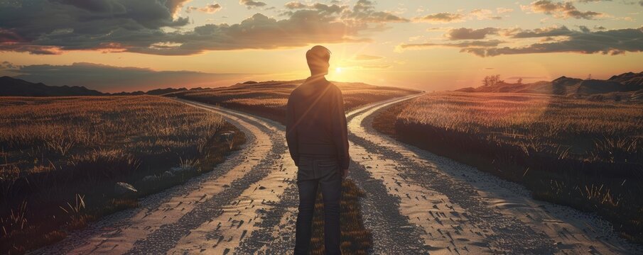 Man standing at a forked road