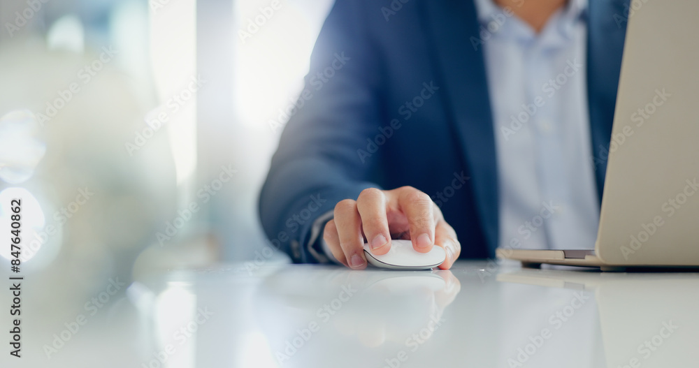 Poster Businessman, hand and mouse for click with laptop, scroll for productivity and internet research for project. Wireless tech, finger press and computer equipment on office desk for online information