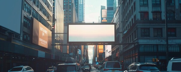 Digital billboard mockup in a bustling cityscape, showcasing dynamic ad content. Hyperrealistic 4K photo.