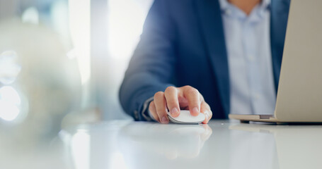 Businessman, hand and mouse for click with laptop, scroll for productivity and internet research...