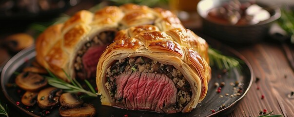 Savory beef Wellington with mushroom duxelles and puff pastry, 4K hyperrealistic photo