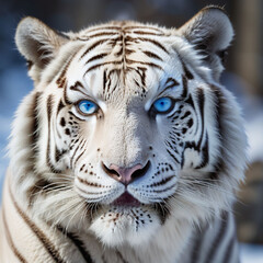 White Tiger, The face of a white Siberian tiger with eyes staring intently at the camera