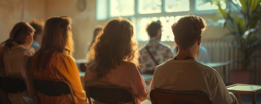 Friends attending a poetry reading for National Poetry Day, October 14th, listening to beautiful verses, 4K hyperrealistic photo. - Powered by Adobe