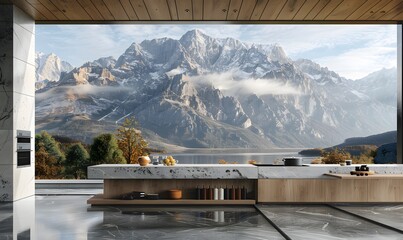 a kitchen product mockup featuring sleek appliances and modern kitchen accessories set against the backdrop of a mountain landscape