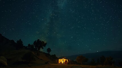A cozy campsite under a star-studded sky in the wilderness, with the Milky Way clearly visible