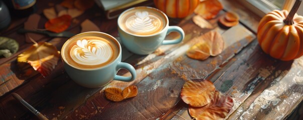 Pumpkin spice latte painting class, painters and latte art, 4K hyperrealistic photo.