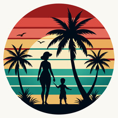 Retro vintage style sunset, palm tree, Adobe Illustrator illustration, 16k, with sunset style and mom and son silhouette, T - shirt design, T - shirt graphic, retro vintage style circle., illustration