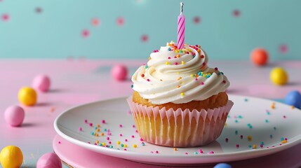 Delicious birthday cupcake with candle on pink plate isolated on colorful background