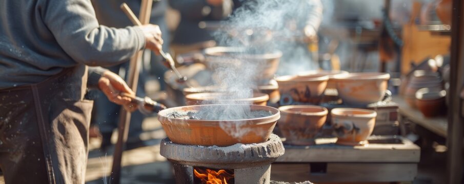 Outdoor pottery firing demonstration, potters and kiln firing, 4K hyperrealistic photo.