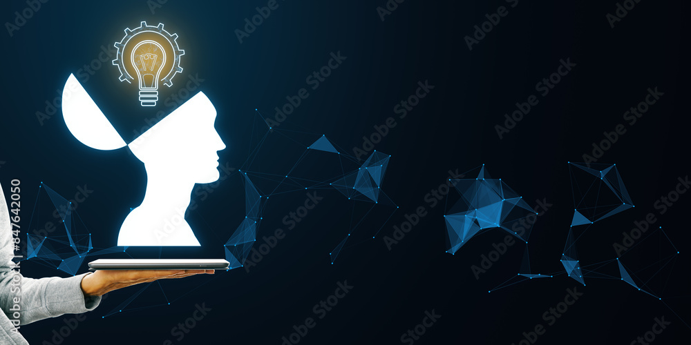 Poster mind mapping and creative inspiration concept. close up of woman hand holding smartphone with glowin
