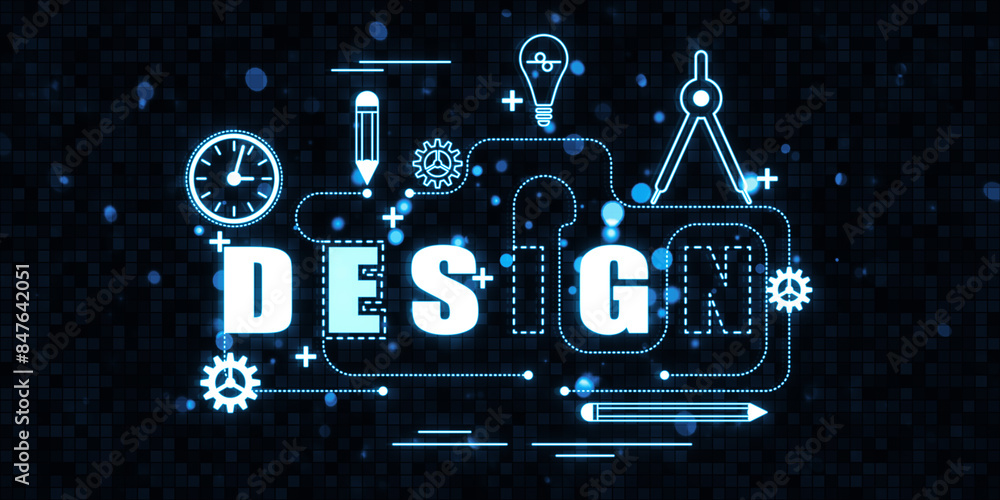 Poster graphic design concept outline. digital thin line illustration on black background. 3d rendering.