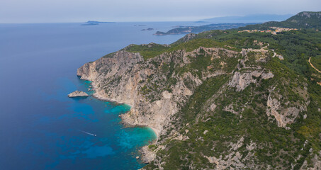 Aerial view of Angelokastro ancient Byzantine castle on the island of Corfu, Greece