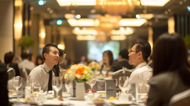 Two asian men chat at dinner - Powered by Adobe