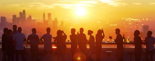 Fototapeta premium Friends attending a rooftop party for National Rooftop Party Day, city skyline views and sunset, 4K hyperrealistic photo.