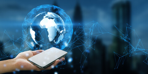 Close up of female hand holding cellphone with glowing globe hologram on blurry night city background with mock up place. World map, connect and earth concept. Double exposure.