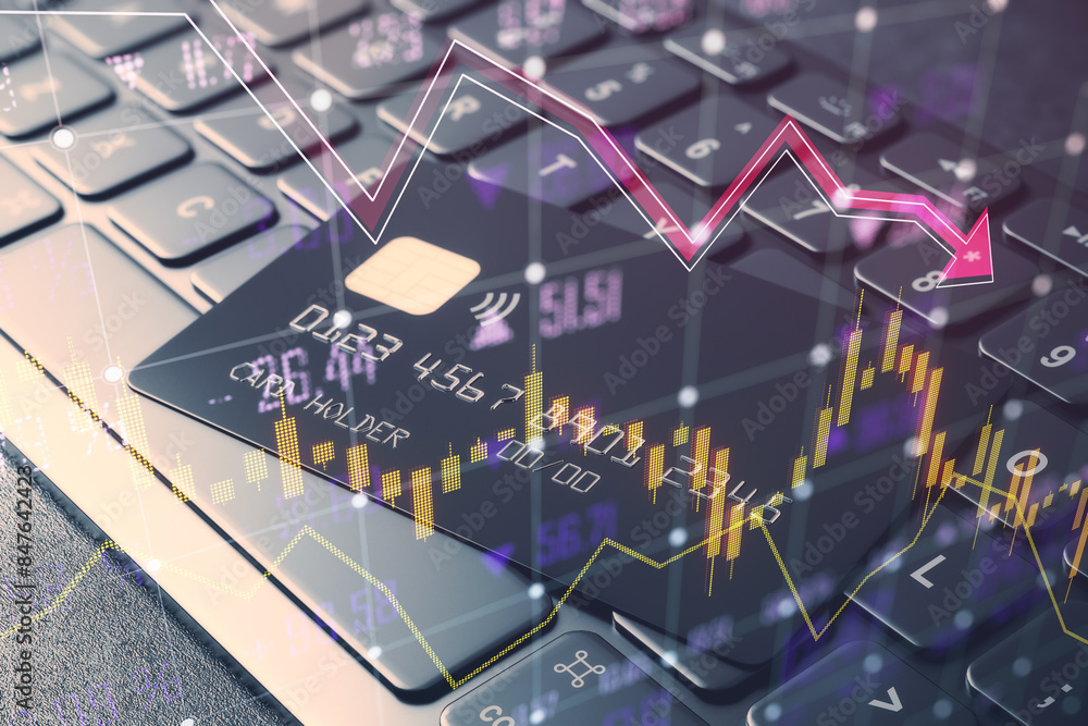 Aufkleber close up of keyboard and bank cards with glowing falling forex chart and index grid on blurry backgr
