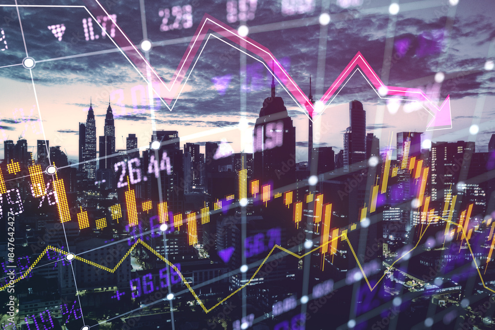 Poster abstract glowing falling forex chart and index grid on blurry night city texture. crisis and financi