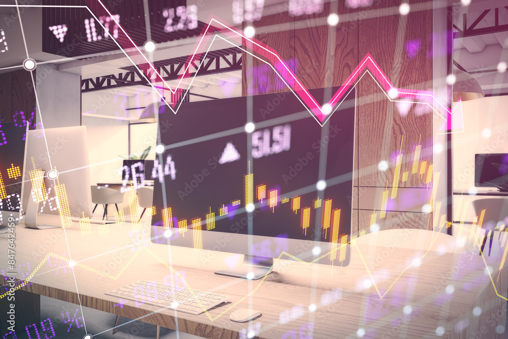 Poster close up of office workplace with computer monitor, supplies and glowing falling forex chart and ind