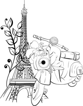 Vector Eiffel tower and scooter illustration. Vintage motorbike in romantic style. Paris travel love vacation. Black silhouette for circuit