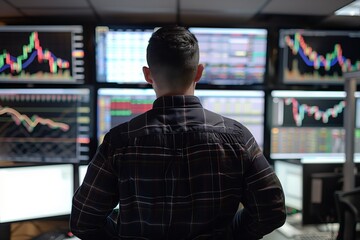 Man analyzing stock market data on multiple monitors in a dark office