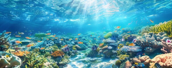 Fototapeta premium Seaside snorkeling adventure among coral reefs, snorkels and marine life, 4K hyperrealistic photo.
