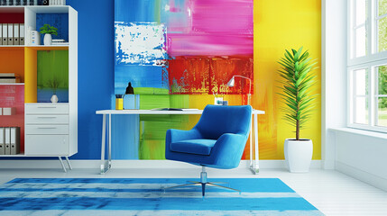 A colorful office with a blue chair, white desk, and a bright abstract painting,