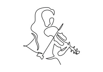 Beautiful woman play violin continuous line drawing. Music orchestra concept.