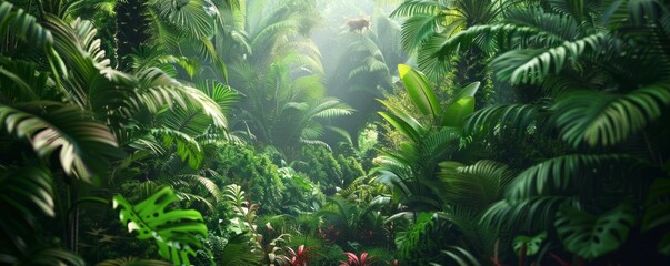 Lush rainforest canopy teeming with exotic plants and wildlife, 4K hyperrealistic photo