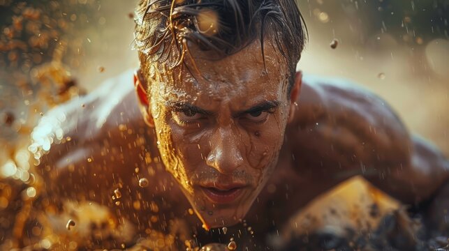 A man is covered in mud and water as he runs, AI