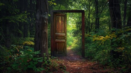 Door in the forest. Background illustration generated by ai