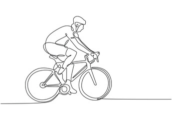 Obraz premium Man riding racing bike wear helmet continuous line drawing. Fitness and sport concept.