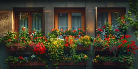 Charming house facade with colorful flower boxes, creating a vibrant garden atmosphere