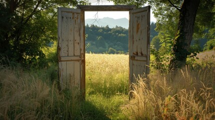 Naklejka premium Door in the forest. Background illustration generated by ai