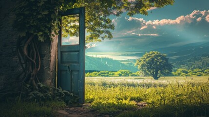 Fototapeta premium Door in the forest. Background illustration generated by ai