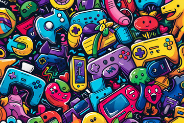Fototapeta premium Video Games Doodle. Generated image. A digital illustration of a doodle of many video game items.