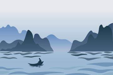 Vetor drawing with mountains, river and fisherman boat. Asian serene landscape Illustration. Oriental drawing with layers of rocks. Concept for tranquillity meditation background, card, print.