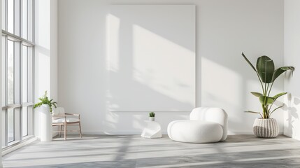 Modern Minimalist Interior with Pristine Empty Wall, Ideal Mockup for Art or Paintings, Bright and Elegant Design.
