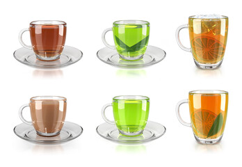 Set of types of tea. Samples of images of tea types for cafe menu layout. 3d illustration on white background