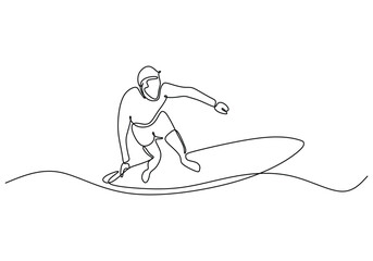 Fototapeta premium Man playing surfboard on beach continuous line drawing. Sport and adventure concept.